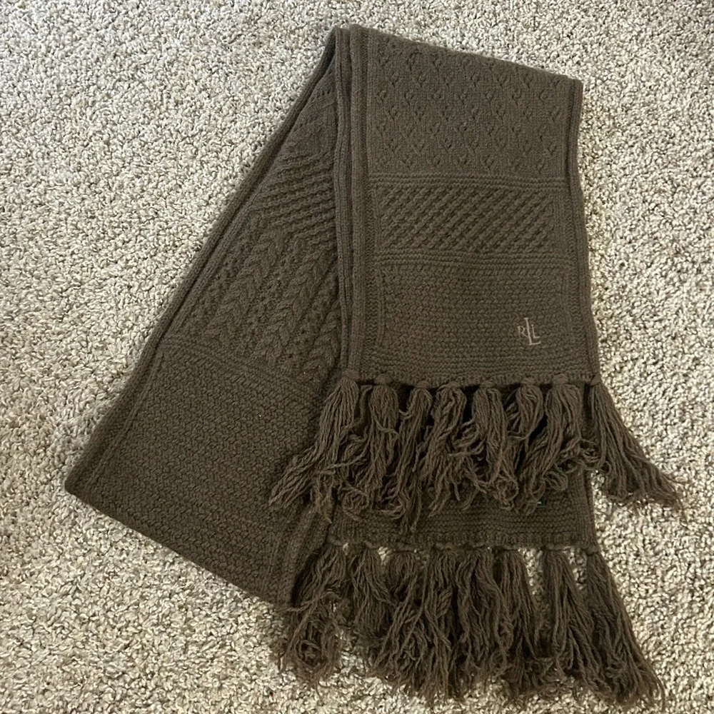 Lauren Ralph Lauren Lambs Wool Rabbit Hair Fringe Boho Scarf Knit Tassel Brown